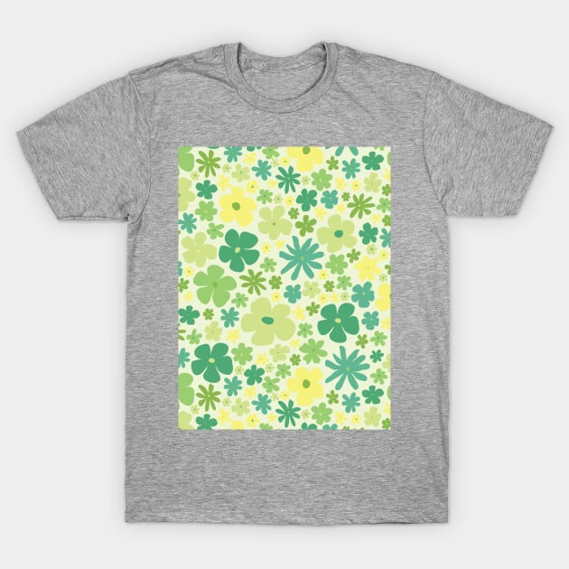 retro green florals, lime green, groovy 60s pattern, 70s flowers, green flowers, girly, for teen girl T-Shirt by blomastudios